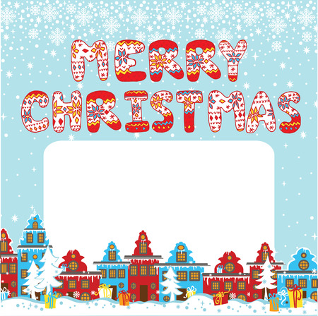 Knitted letters "Merry Christmas". Vector Cartoon city landscape.Winter landscape with fabulous house in  Dutch style,falling snow.Room for text. Illustrationのイラスト素材