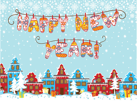 Knitted letters "Happy new year". Vector winter Cartoon city landscap ewith fabulous house in  Dutch style,falling snow. Illustrationのイラスト素材