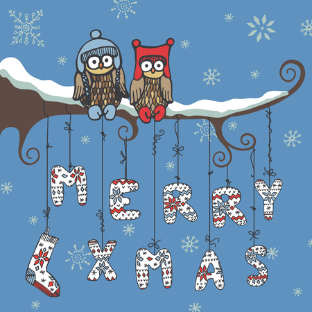 Christmas card.Cute cartoon owl couple sitting on branch
Knitted letters "Merry xmas" hanging on the ropes.Funny doodles.For design template.New year Vectorのイラスト素材