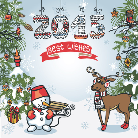 Funny New year Vector greeting card with   cartoon deer,snowman,bird,spruce,Christmas tree,decor.Knitted figures2015 hanging on rope.Vector illustrations .Funny winter forest  design template.のイラスト素材