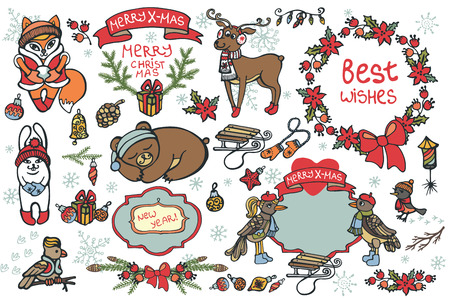 Christmas graphic elements, cute cartoon animalsのイラスト素材