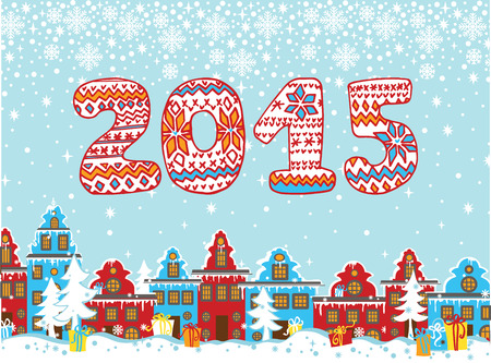 2015 knitted figures. Cartoon Christmas city landscapeのイラスト素材