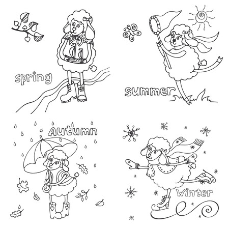 Doodle Sketch in the style of children's hand drawing. Cute outline sheep girl in time of year. Spring ,summer,autumn,winter Funny animal.Vector design templateのイラスト素材
