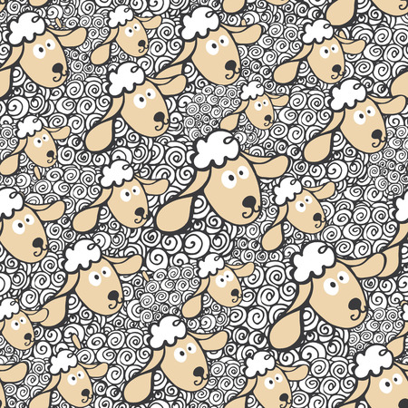 Seamless pattern flock of sheep.Cute cartoon sheep in curly ornament.のイラスト素材