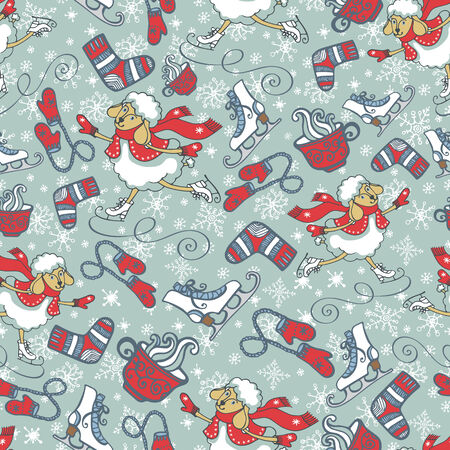 Seamless pattern.Cute cartoon sheep with knitted mittens and socks,Cup, snowflakes.Winter sport.のイラスト素材