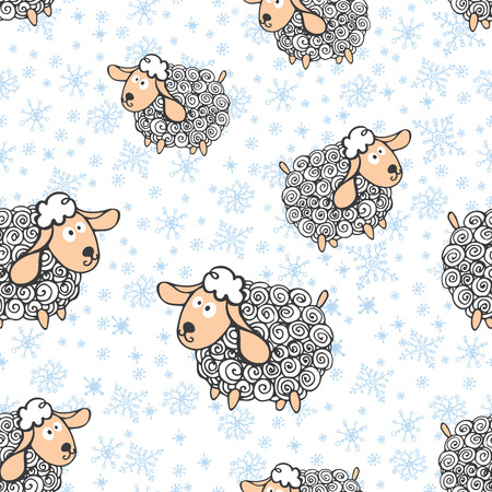 Winter seamless pattern with faunny curly sheep and snowflakes.のイラスト素材