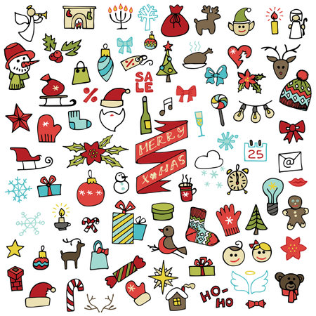 Christmas,new year icons set.Colored Doodle sketchyのイラスト素材