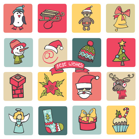 Christmas,new year icons button set. Colored Doodleのイラスト素材
