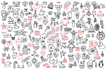 Christmas,new year icons big set.Doodle sketchyのイラスト素材