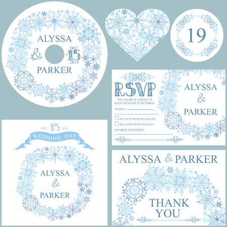 Winter wedding  set with Snowflakes wreath.Openwork elements,text,numbers,ribbon, border.Vector design templateCD or DVD,cover,RSVP,Thank card,Number,tag.Vector design templateのイラスト素材