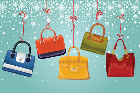 Women\'s handbags on ribbons, snowflakes.Winter fashionのイラスト素材