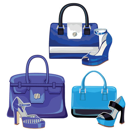 Fashionable blue handbag and shoes. Three setのイラスト素材