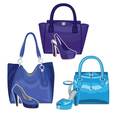 Fashionable blue handbag and shoes. Three setのイラスト素材