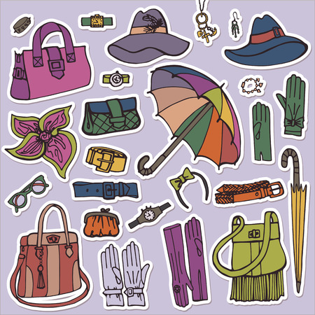 Fashion Female Accessories Set.Hand drowing Sketch.Stickerのイラスト素材