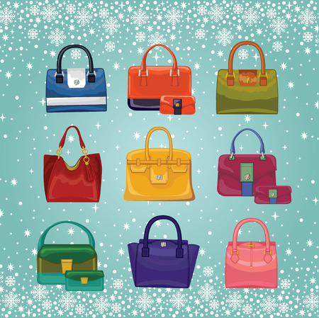 Coloured fashion women\'s handbags.Winter backgroundのイラスト素材