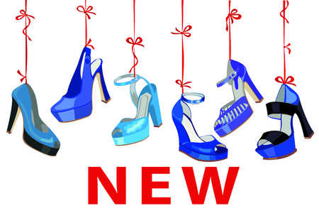 Blue fashion women\'s  shoes hang on ribbon.Newのイラスト素材