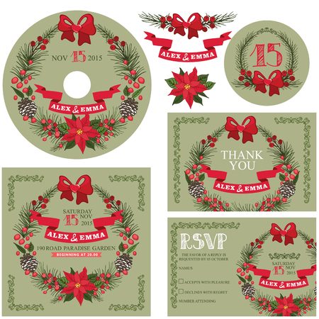 Winter wedding design template set .Christmas decor,ribbons,poinsettia,fir branches , cones,berries,border. Cute cartoon wreath in circle shape in retro style.Wedding invitation,cd,dvd,Thank card,RSVP card.Vectorのイラスト素材