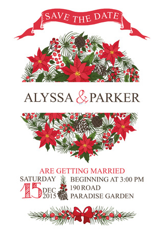 Winter wedding save the date card with Christmas Circle composition,text,numbers,ribbon, border.Vector design templateのイラスト素材