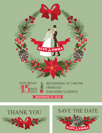 Winter wedding invitation.Retro Bride,groom,christmas wreathのイラスト素材
