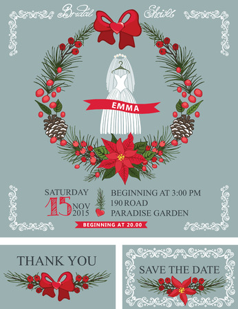 Bridal shower set.Wedding dress,christmas wreath,decorのイラスト素材