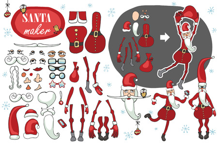 Constructor or Santa Claus. Faces,body part.hats,mustache,beard,glasses to create different Santa Claus. Easy to make your Santa.Humorous Christmas,new year.Vector setのイラスト素材