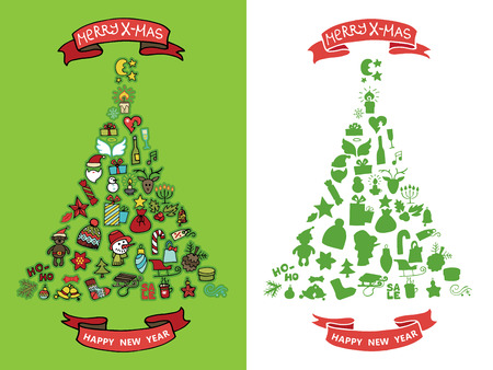 New year, Christmas colored greeting card.Many different decorative elements for winter holidays  in spurce tree  shape. Trendy flat style.Doodle sketch in  style of  child's hand drawing. Vectorのイラスト素材