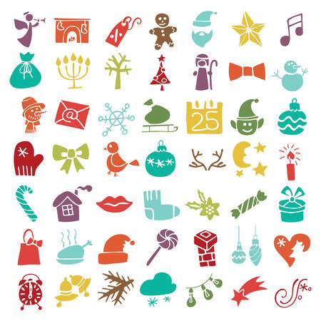 Winter,New year, Christmas silhouette icons  set.Many different decorative colored elements for winter holidays . Trendy flat style.Doodle sketch in  style of  child's hand drawing. Vectorのイラスト素材