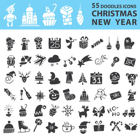 Winter,New year,Christmas icons  set.Many different decorative  silhouette elements for winter holidays . Trendy flat style.Doodle sketch in  style of  child's hand drawing. Vectorのイラスト素材