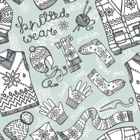 Knitted clothing seamless pattern.Outline Folk ornamentのイラスト素材