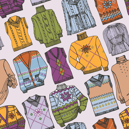 Fashion Sketchy.Different knitted clothing seamless patternのイラスト素材