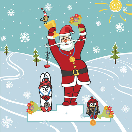 Santa winner on podium.Humorous illustrationsのイラスト素材