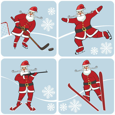 Santa playing winter sports.Skating,skiing,hockey,biathlonのイラスト素材