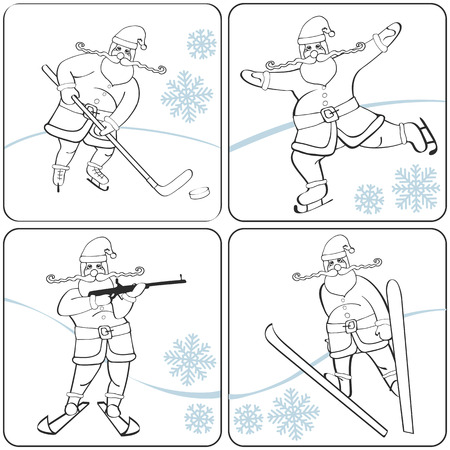 Santa playing winter sports. Skating,skiing,hockey,biathlon.Outlのイラスト素材