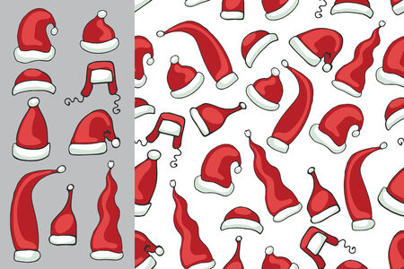 Santa Claus hats set and seamless patternのイラスト素材