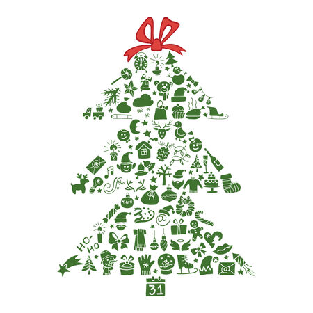 New year icons in spurce tree shape,Doodlesのイラスト素材