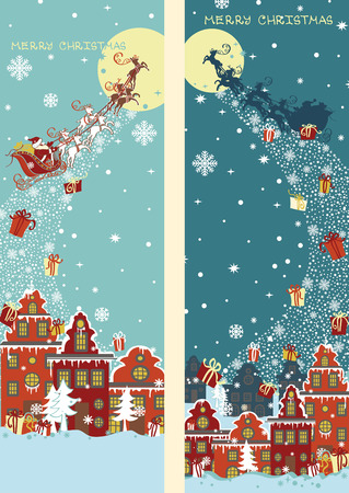 Christmas vertical banner set.Santa Claus coming to Cityのイラスト素材