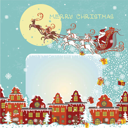 Christmas greeting card.Santa Claus coming to City.Vectorのイラスト素材