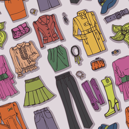 Fashion Sketch.Females clothing,accessories seamless patternのイラスト素材
