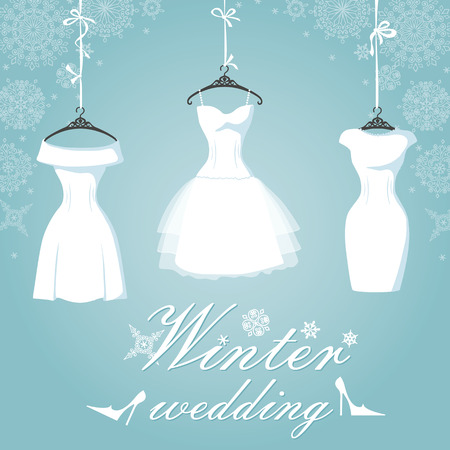 Three bridal dress.Winter wedding.Snowflake backgroundのイラスト素材