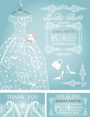 Bridal shower invitation set.Wedding paisley lace dressのイラスト素材