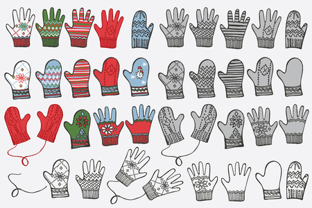 Fashionable knitted mittens,gloves. Doodle hand sketchのイラスト素材