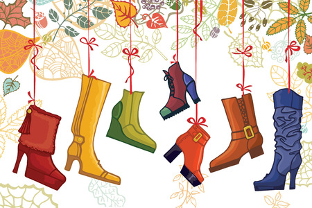 Fashionable colored women\'s boots,shoes,autumn leavesのイラスト素材