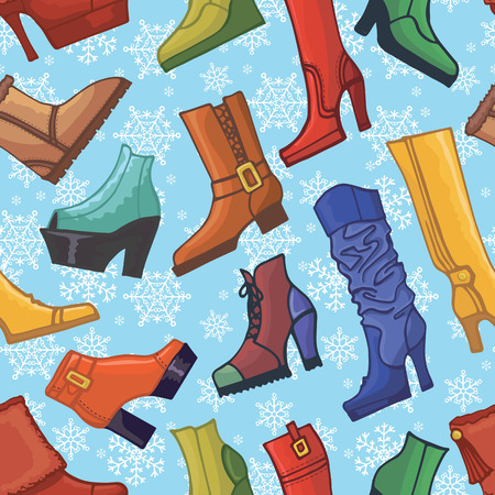 Colored women\'s boots ,shoes,snowflakes seamless patternのイラスト素材