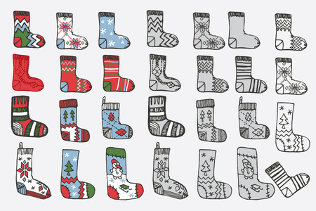 Christmas knitted stockings. Doodle hand sketchのイラスト素材