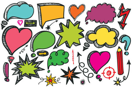 Comic Speech Bubbles and arrow colored set. Doodle vectorのイラスト素材