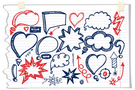 Comic Speech Bubbles and arrow colored set. Doodle vector. Sketchy notepaperのイラスト素材