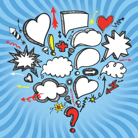 Comic Speech Bubbles and arrow colored composition. Blue twirl background.Doodle vectorのイラスト素材