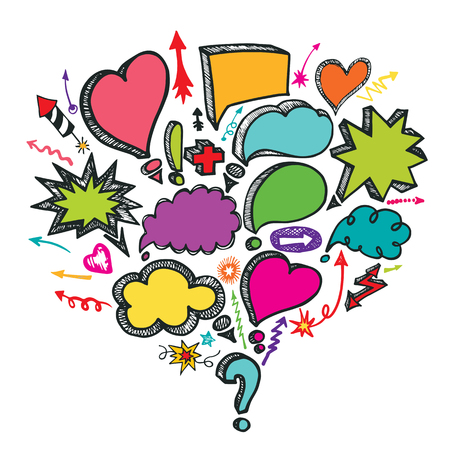 Comic Speech Bubbles and arrow colored composition. Doodle vectorのイラスト素材