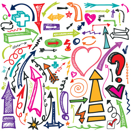 Doodle Hand draw Arrow, sign , hearts. Multicolor Vector setのイラスト素材