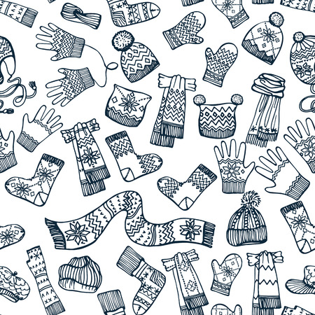 Outline  Female knitted accessories seamless pattern on Sketchy style .Winter  wear.Fashion illustrations.Vector.のイラスト素材